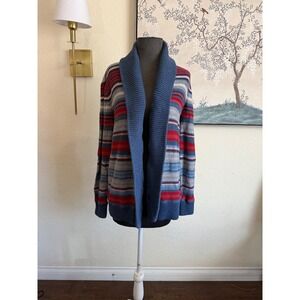 Ralph Lauren Womens Shawl Collar Cardigan Sweater Striped Blue Red Grey Large